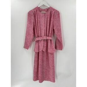 Vintage Pellini Petites Dress Womens 6P Pink White Belted 70s Long Sleeve Peplum